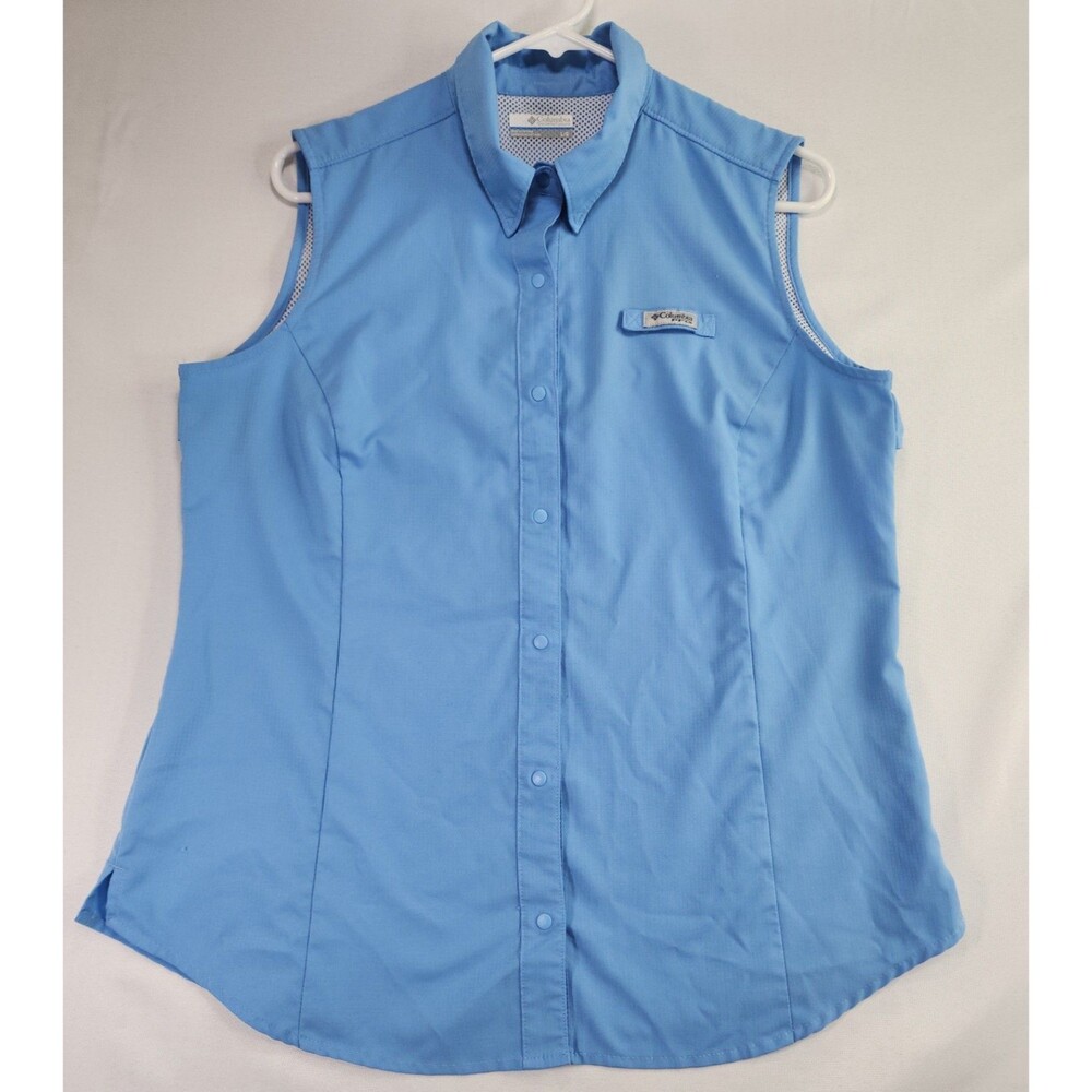 Columbia PFG Womens Large Blue Sleeveless Shirt Snap Button Fishing Vented